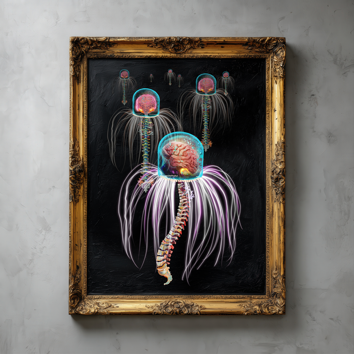 Artistic depiction of a jellyfish with human brain and spinal cord anatomy inside, framed in gold on a textured wall.